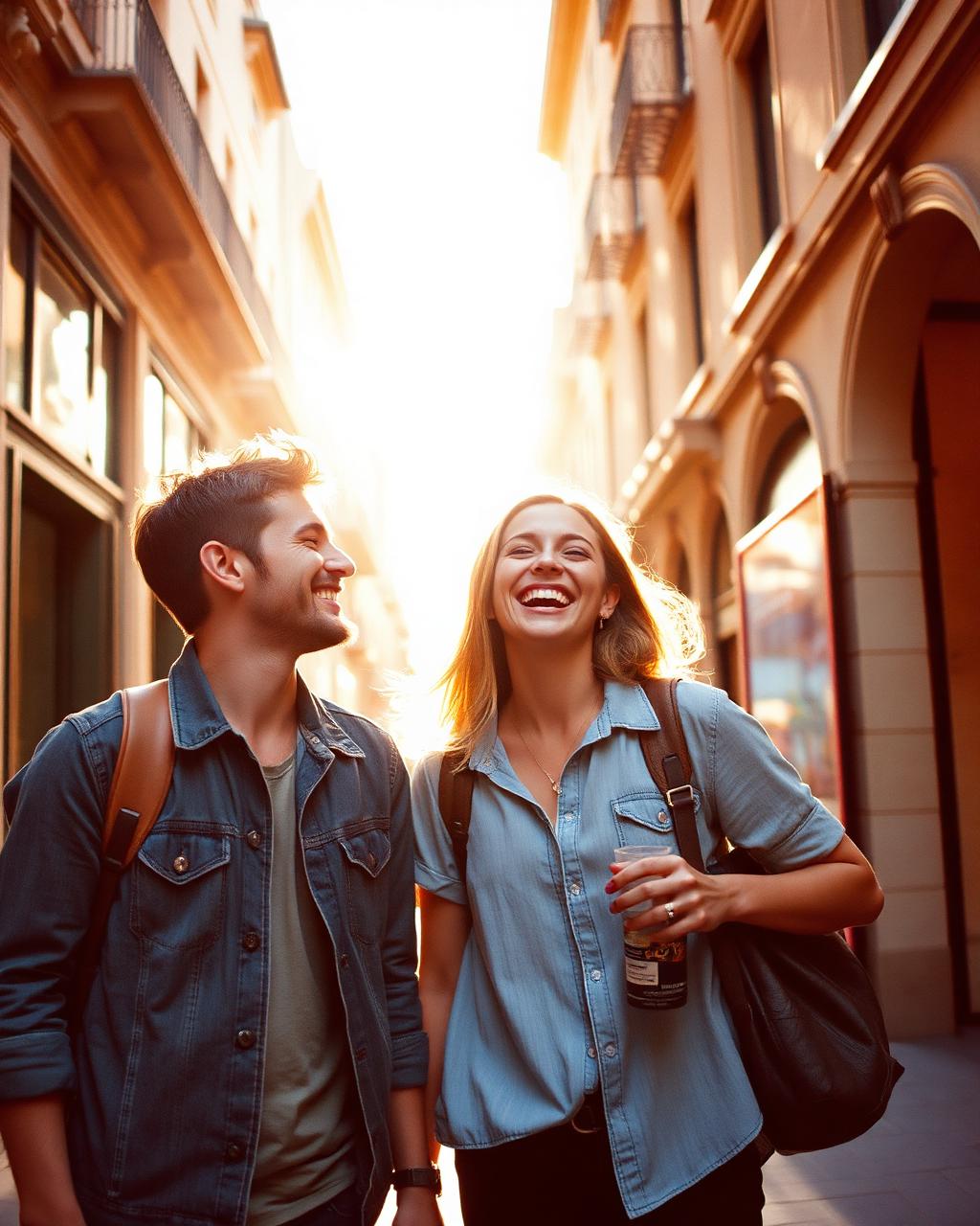A couple laughing on a sunlit street