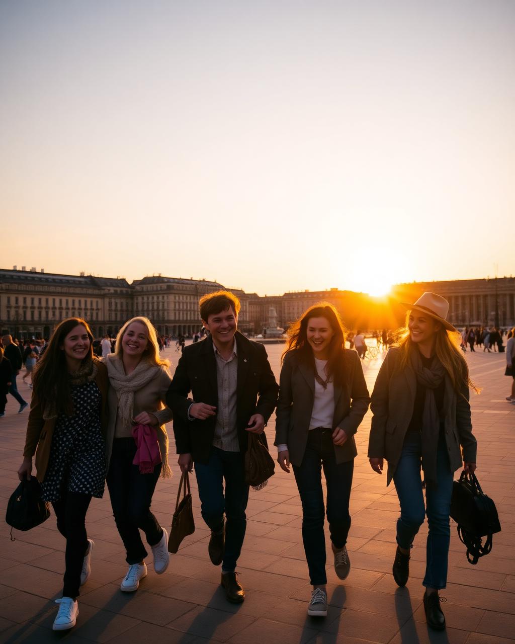 Friends walking across a plaza at sunset