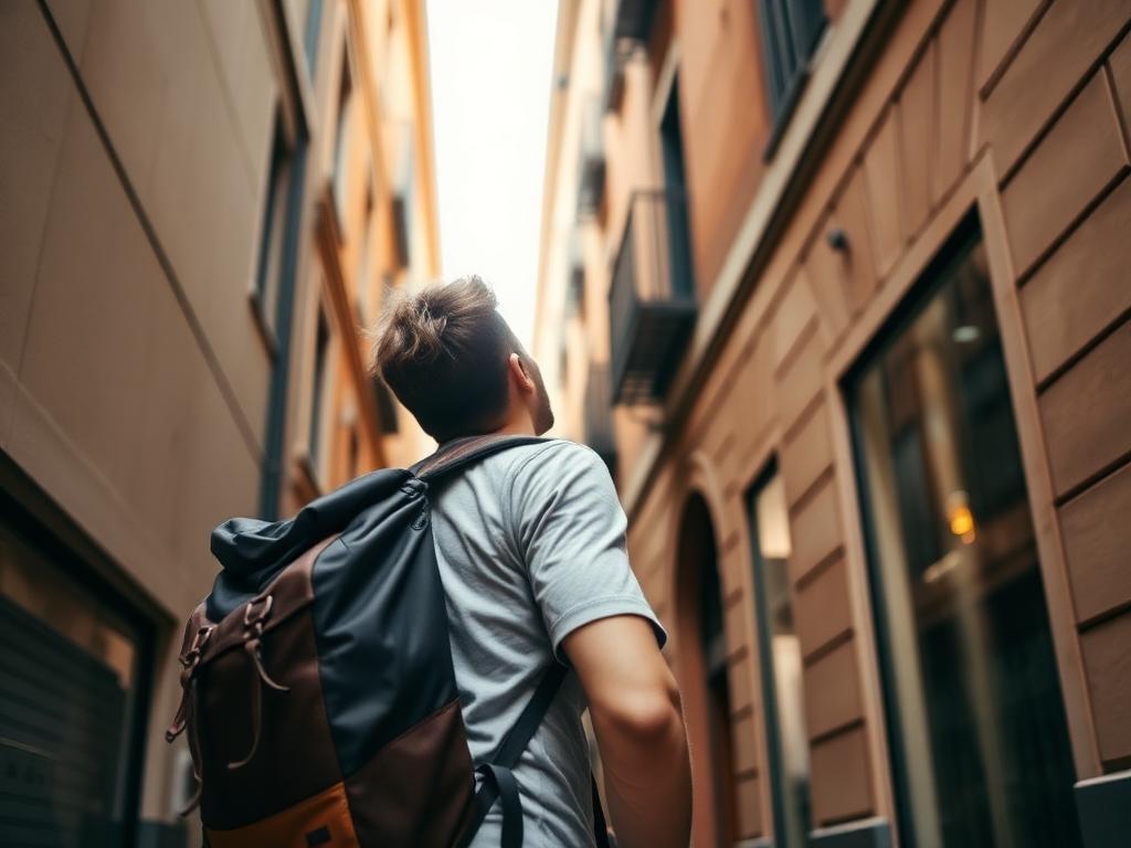 A solo traveler looking up at city architecture